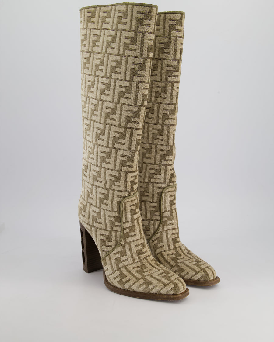 Fendi Beige FF Logo Chenille Knee-High Boots Size 39