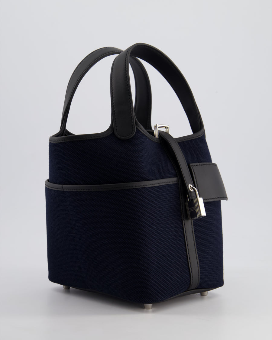 *ULTRA RARE* Hermes Picotin Lock 18cm Cargo in Bleu Marine Toile Goeland Canvas & Noir Swift Leather with Palladium Hardware