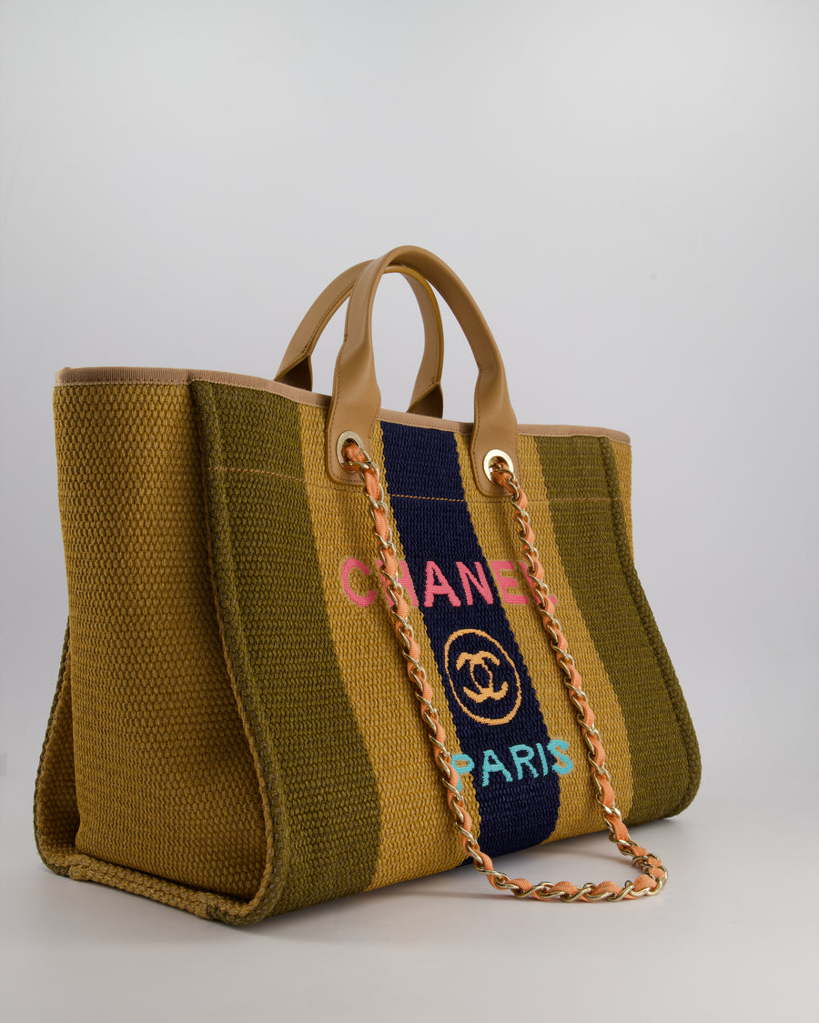 *HOT* Chanel Beige, Navy and Khaki Raffia Deauville Tote with Pastel Logo and Champagne Gold Hardware