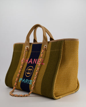 *HOT* Chanel Beige, Navy and Khaki Raffia Deauville Tote with Pastel Logo and Champagne Gold Hardware