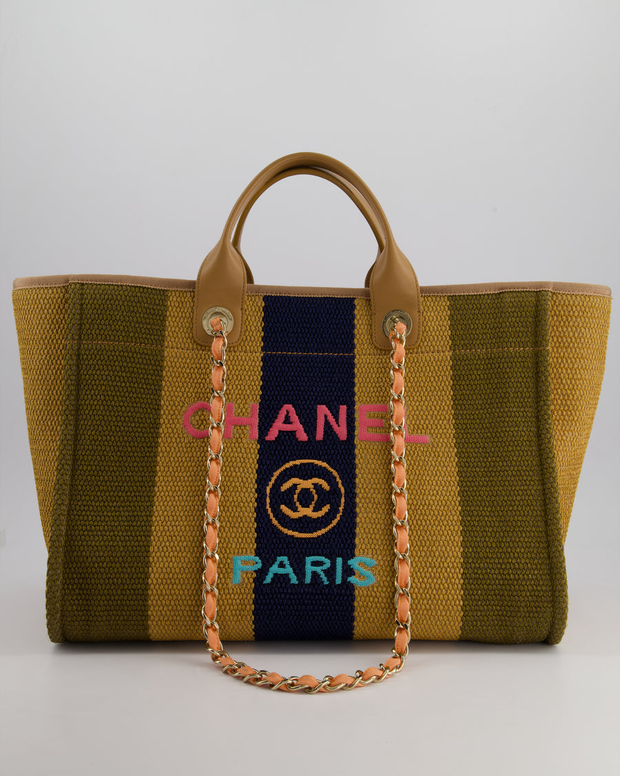 *HOT* Chanel Beige, Navy and Khaki Raffia Deauville Tote with Pastel Logo and Champagne Gold Hardware