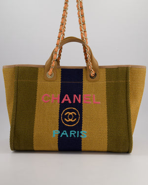 *HOT* Chanel Beige, Navy and Khaki Raffia Deauville Tote with Pastel Logo and Champagne Gold Hardware