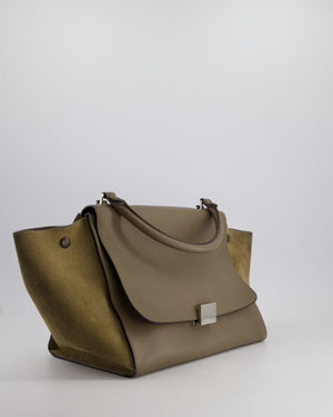 Celine Taupe Grained Calfskin & Khaki Suede Large Trapeze Bag with Silver Hardware