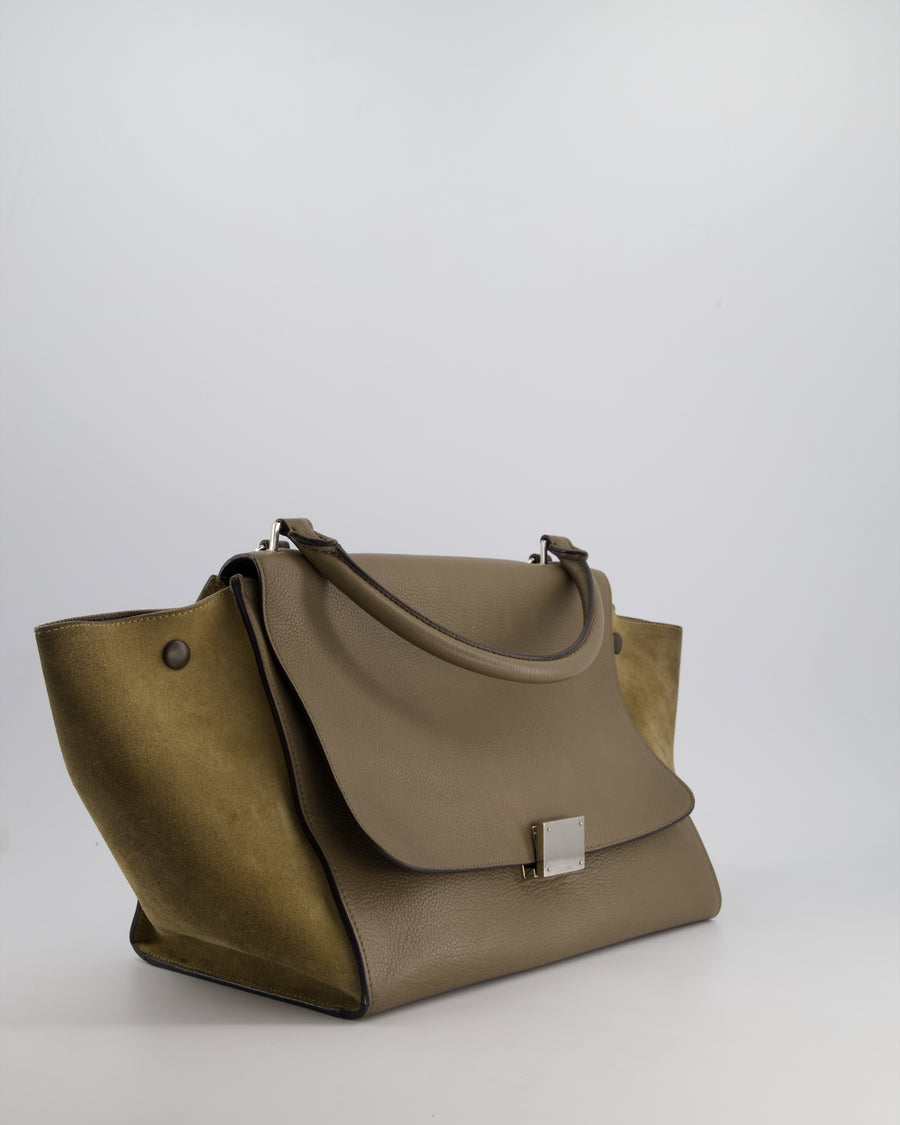 Celine Taupe Grained Calfskin & Khaki Suede Large Trapeze Bag with Silver Hardware