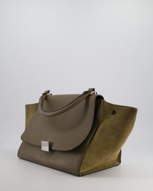 Celine Taupe Grained Calfskin & Khaki Suede Large Trapeze Bag with Silver Hardware