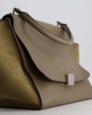 Celine Taupe Grained Calfskin & Khaki Suede Large Trapeze Bag with Silver Hardware