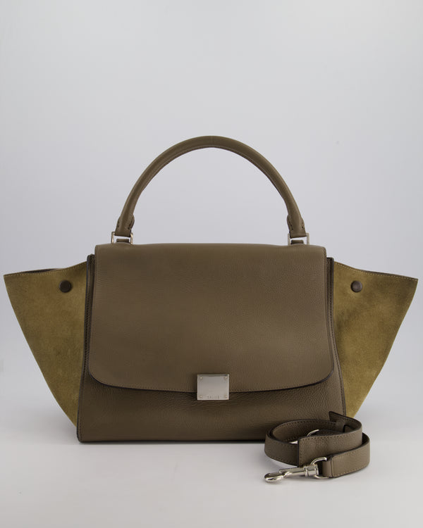 Celine Taupe Grained Calfskin & Khaki Suede Large Trapeze Bag with Silver Hardware