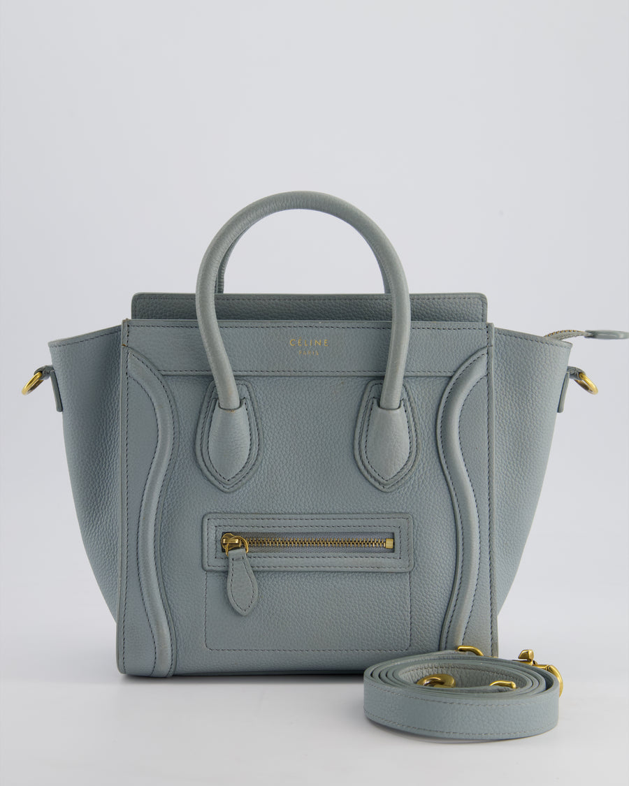 Celine Cloudy Blue Nano Luggage Bag in Drummed Calfskin Leather with Brushed Gold Hardware RRP £1,950