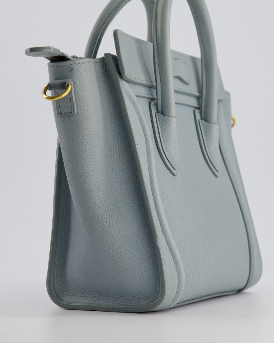 Celine Cloudy Blue Nano Luggage Bag in Drummed Calfskin Leather with Brushed Gold Hardware RRP £1,950