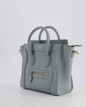 Celine Cloudy Blue Nano Luggage Bag in Drummed Calfskin Leather with Brushed Gold Hardware RRP £1,950