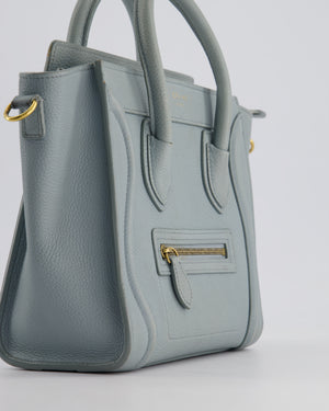 Celine Cloudy Blue Nano Luggage Bag in Drummed Calfskin Leather with Brushed Gold Hardware RRP £1,950