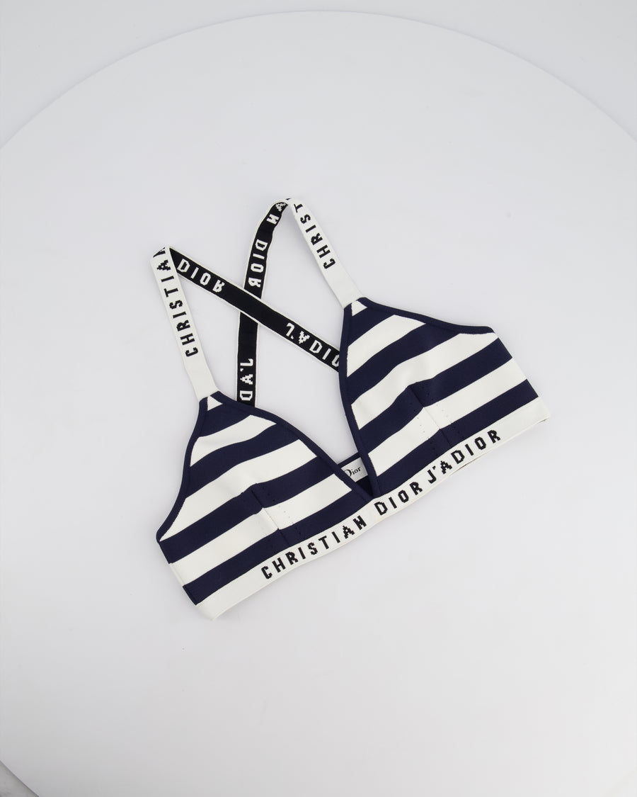 Christian Dior Navy and White Stripe Logo Bralette Top Size M (UK 10)