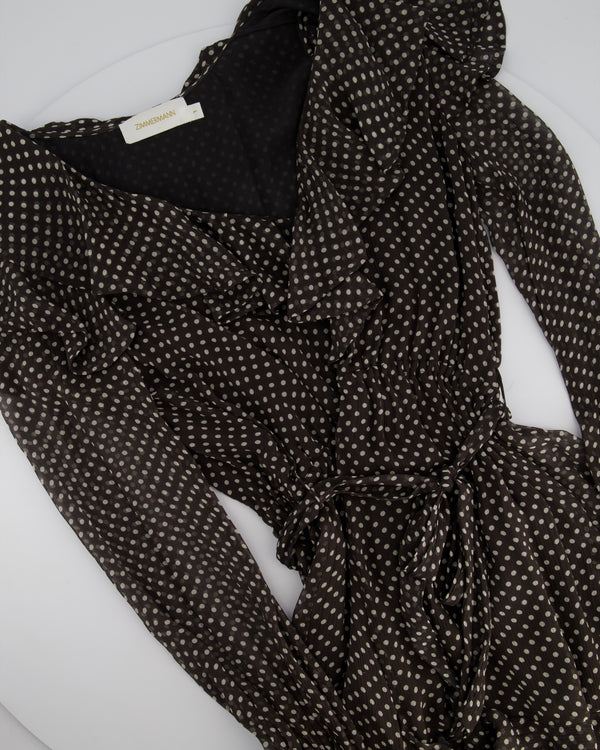 Zimmermann Chiffon Silk Polka Dot Brown Long Sleeve Wrap Playsuit With Ruffles Size 1 (UK 10)