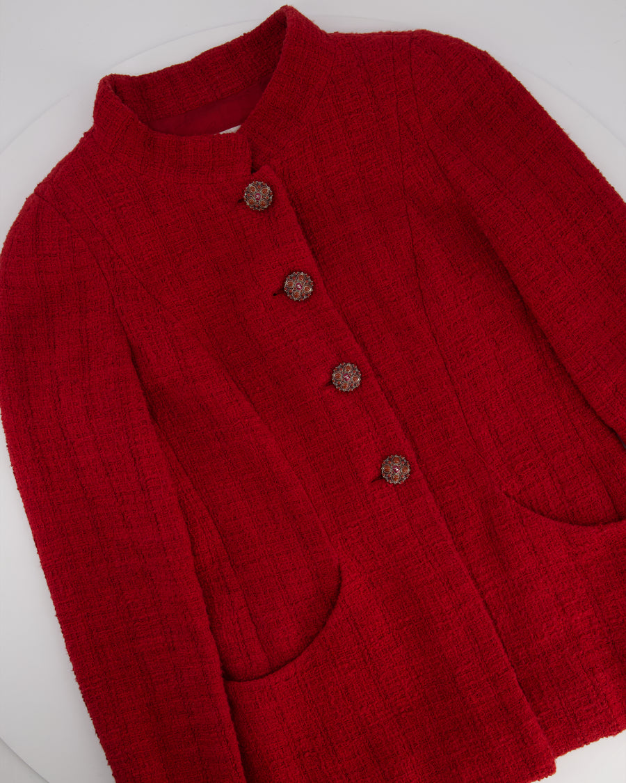 Chanel Pre-Fall 2012 Paris-Bombay Métiers d'Art Red Button Down Long Sleeve Tweed Jacket Size FR 34 (UK 6)