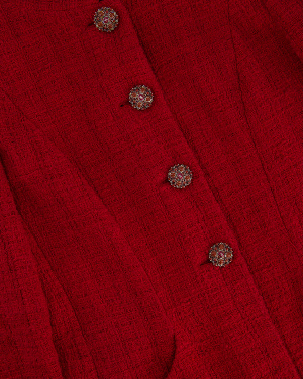 Chanel Pre-Fall 2012 Paris-Bombay Métiers d'Art Red Button Down Long Sleeve Tweed Jacket Size FR 34 (UK 6)