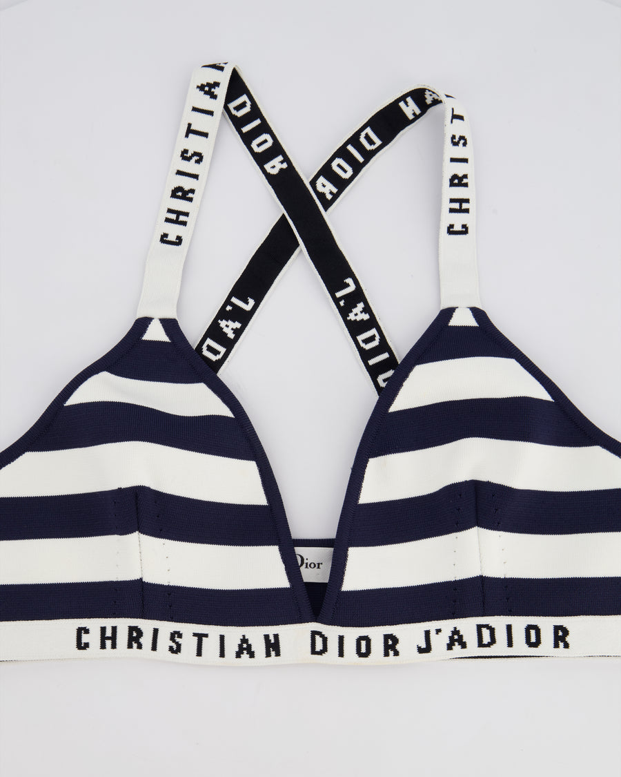 Christian Dior Navy and White Stripe Logo Bralette Top Size M (UK 10)