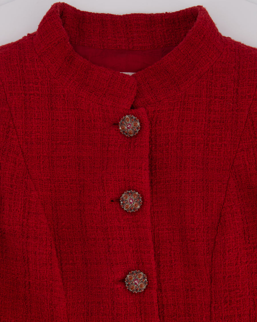 Chanel Pre-Fall 2012 Paris-Bombay Métiers d'Art Red Button Down Long Sleeve Tweed Jacket Size FR 34 (UK 6)