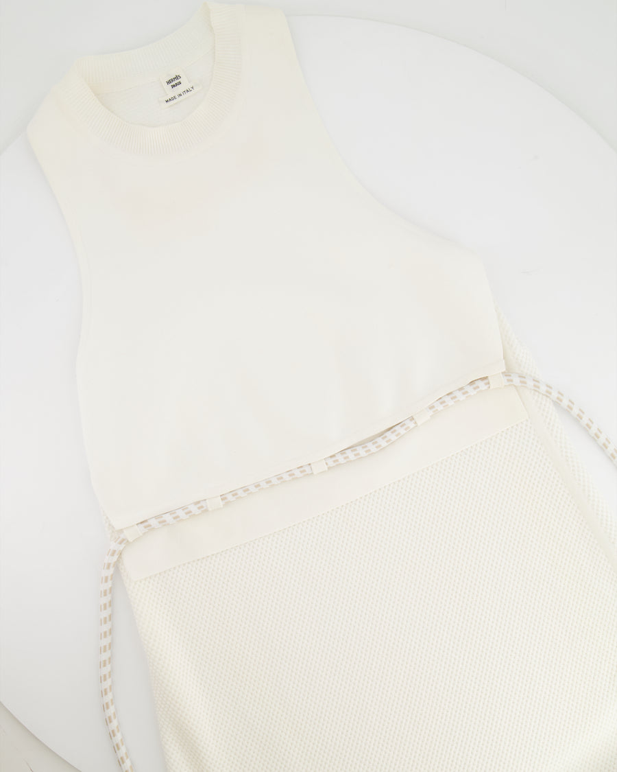 Hermès White Knitted Sleeveless Midi Dress with Waist String Details Size FR 36 (UK 8)