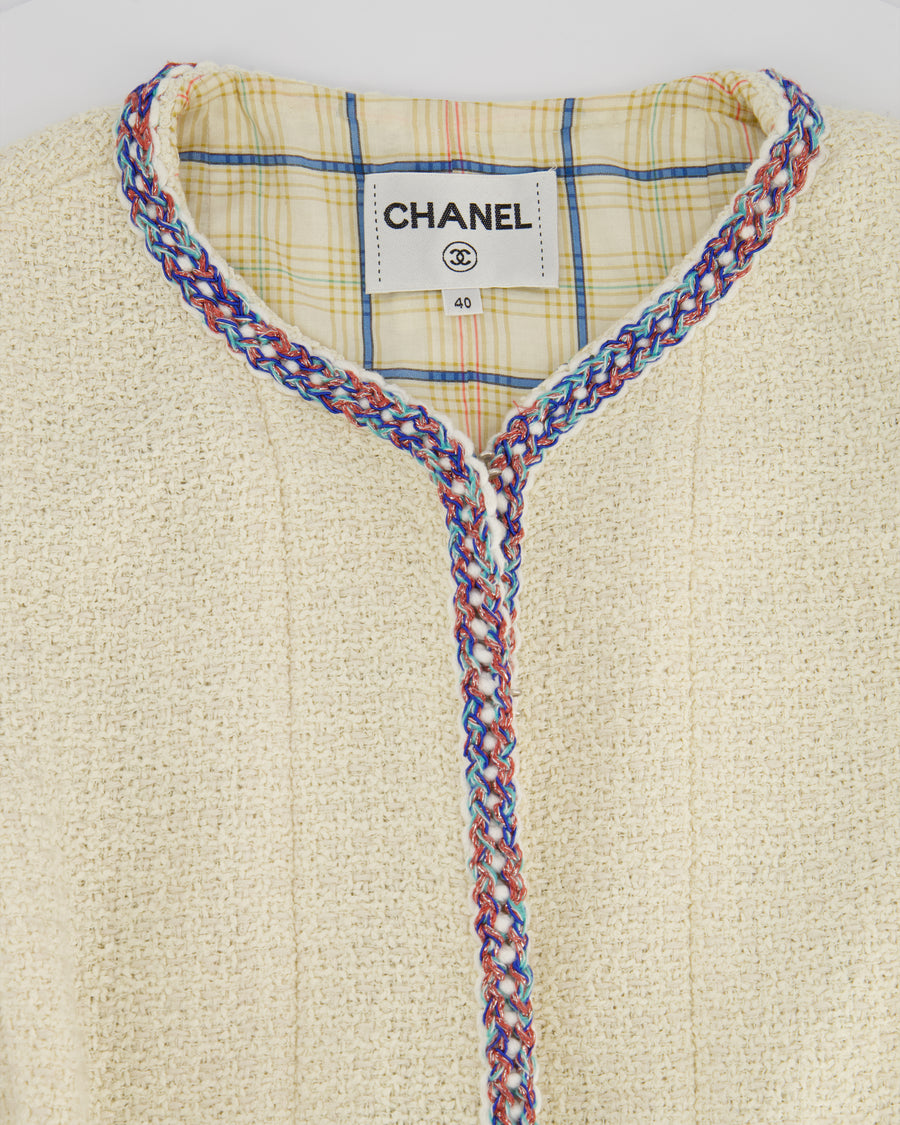 Chanel 20/C Cream Tweed Jacket with Blue, Pink MultiColour Trim Detail and CC Button Size FR 40 (UK 12)