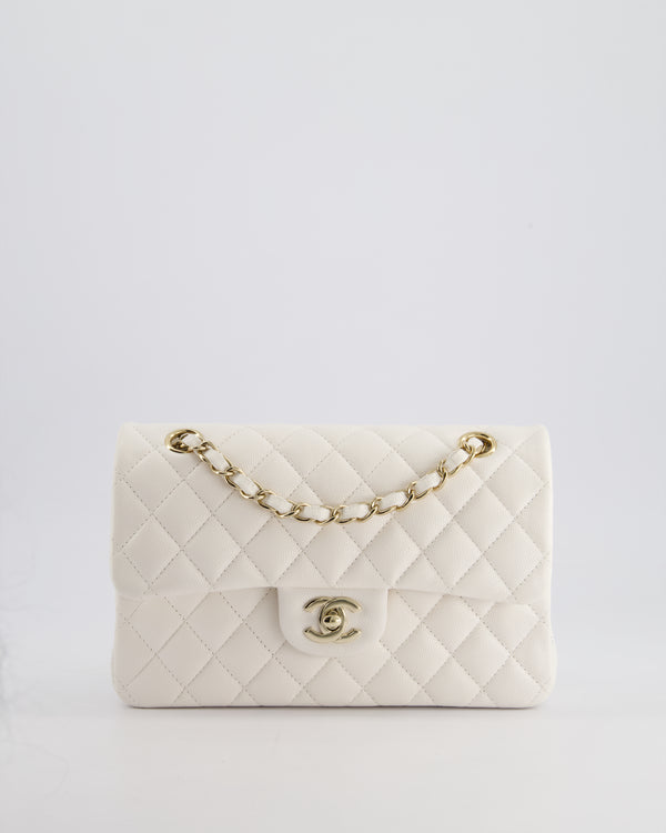 Chanel White Small Classic Double Flap Bag in Caviar Leather with Champagne Gold Hardware