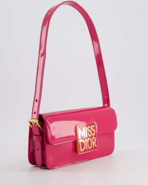 Christian Dior Fuchsia Miss Dior Flap Shoulder Bag in Patent Calfskin Leather with Gold Hardware RRP £3100