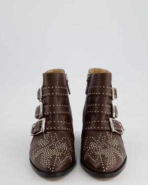 Chloé Susanna Brown Embossed Lizard Print Leather with Silver Studs and Buckle Boots Size EU 36.5