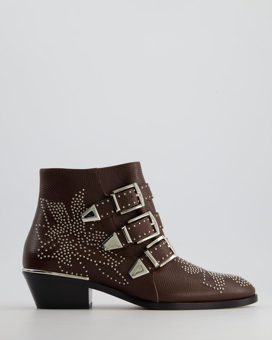 Chloé Susanna Brown Embossed Lizard Print Leather with Silver Studs and Buckle Boots Size EU 36.5