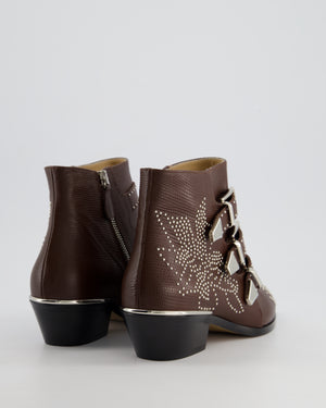 Chloé Susanna Brown Embossed Lizard Print Leather with Silver Studs and Buckle Boots Size EU 36.5