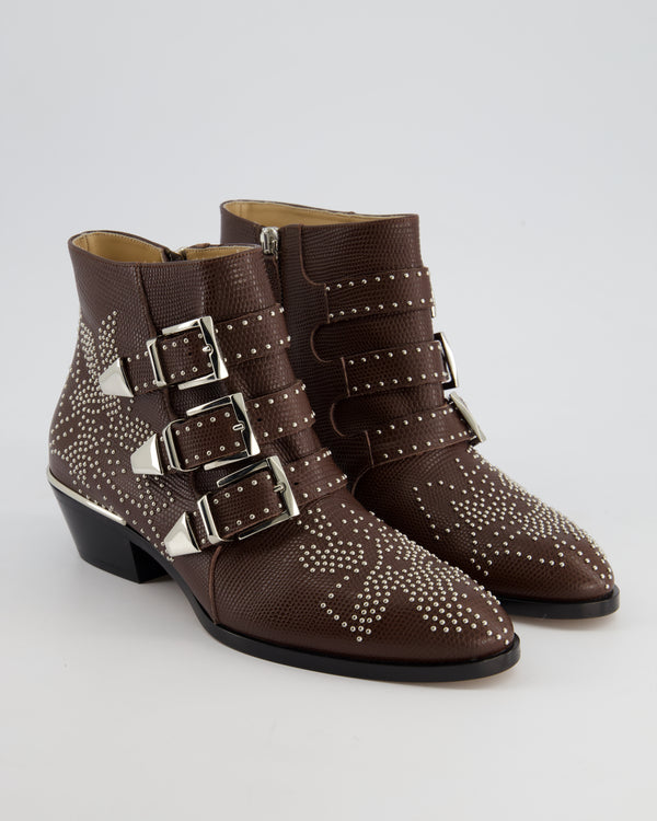 Chloé Susanna Brown Embossed Lizard Print Leather with Silver Studs and Buckle Boots Size EU 36.5