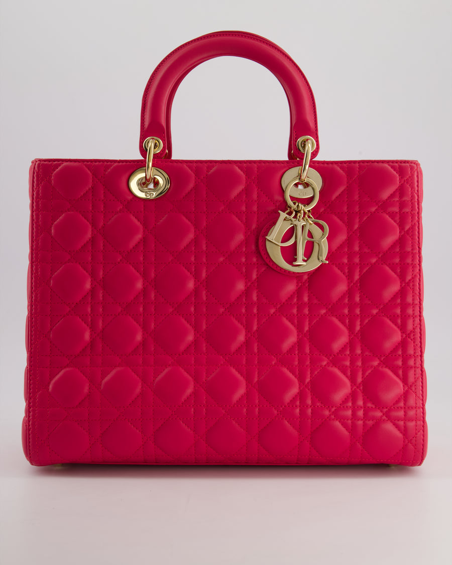 Christian Dior Large Lady Dior Bag in Hot Pink Lambskin Leather with Gold Hardware