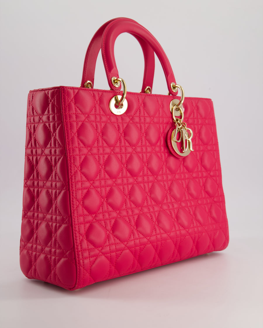 Christian Dior Large Lady Dior Bag in Hot Pink Lambskin Leather with Gold Hardware