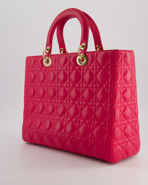 Christian Dior Large Lady Dior Bag in Hot Pink Lambskin Leather with Gold Hardware