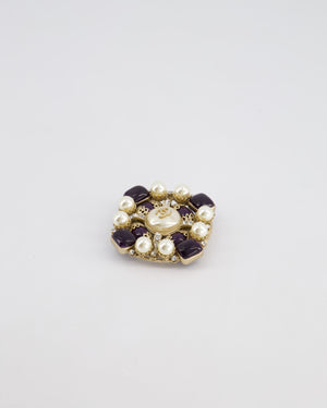 Chanel Brushed Gold Pearl and Crystal Brooch with CC Logo Detail