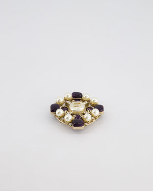 Chanel Brushed Gold Pearl and Crystal Brooch with CC Logo Detail