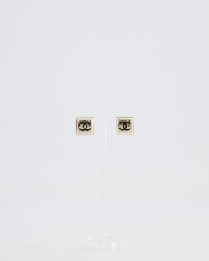 Chanel Gold and Black Enamel Square CC Logo Earrings