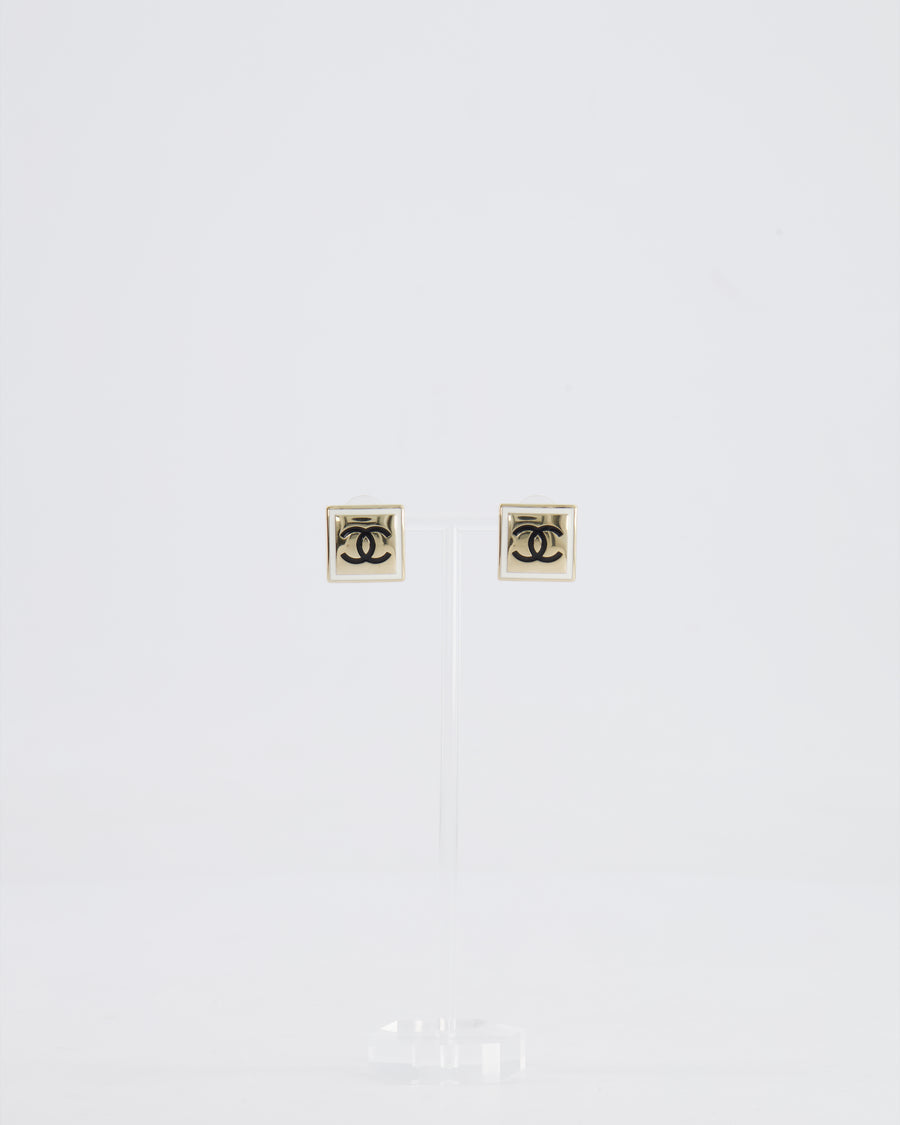 Chanel Gold and Black Enamel Square CC Logo Earrings