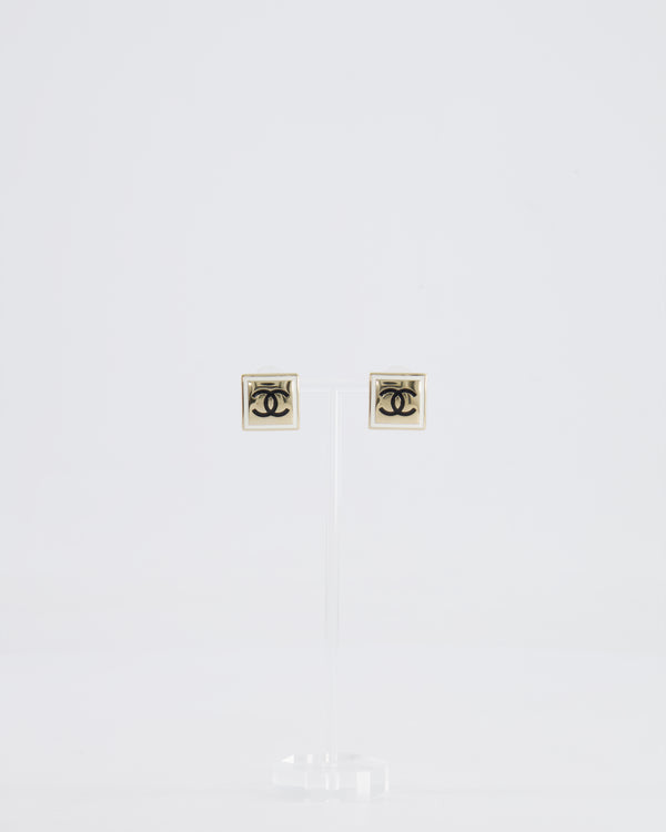 Chanel Gold and Black Enamel Square CC Logo Earrings