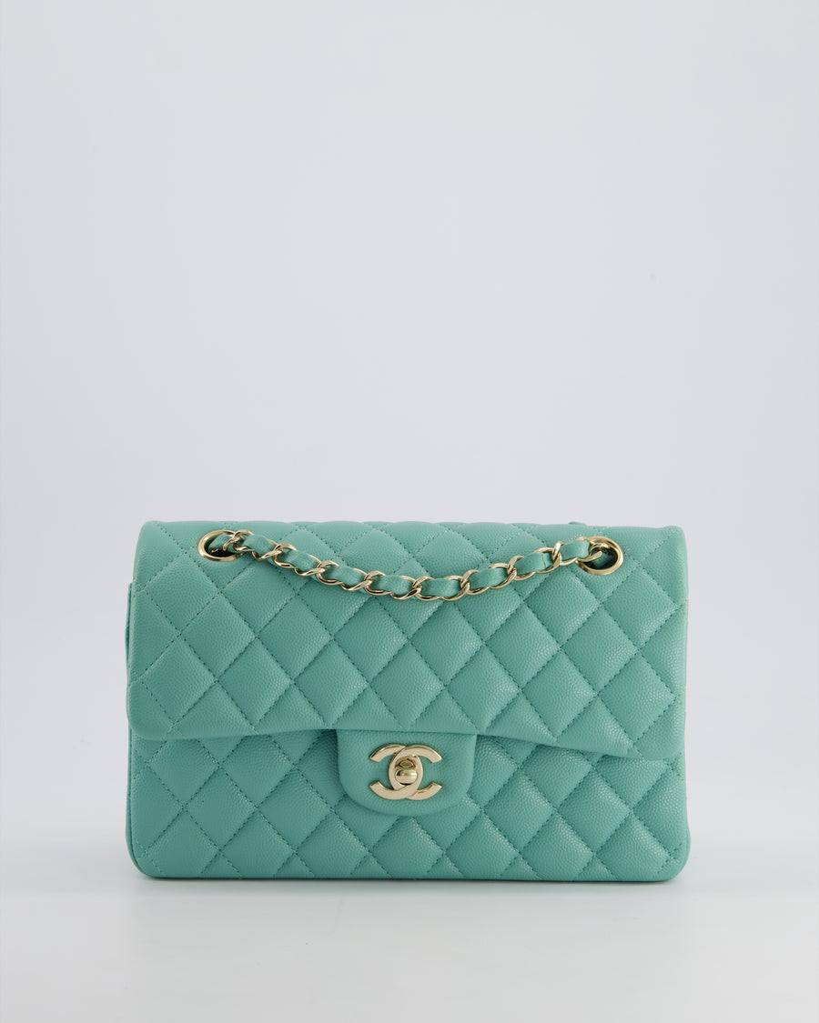 *HOT* Chanel Tiffany Blue Small Classic Double Flap Bag in Caviar Leather with Champagne Gold Hardware