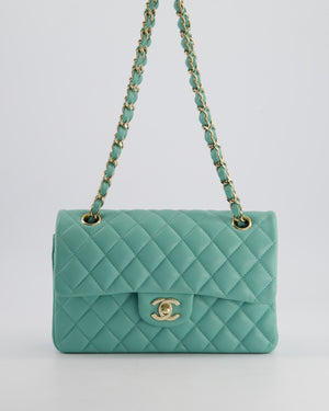 *HOT* Chanel Tiffany Blue Small Classic Double Flap Bag in Caviar Leather with Champagne Gold Hardware