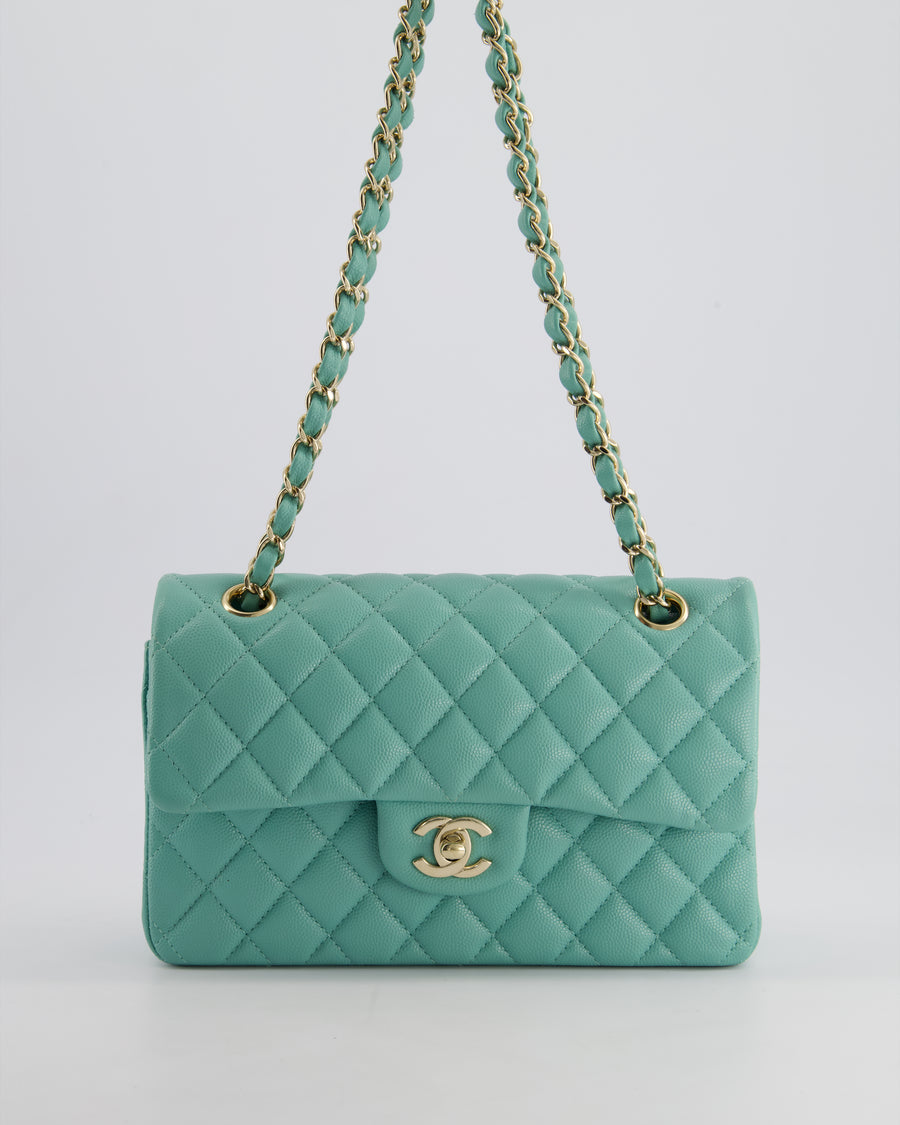 *HOT* Chanel Tiffany Blue Small Classic Double Flap Bag in Caviar Leather with Champagne Gold Hardware