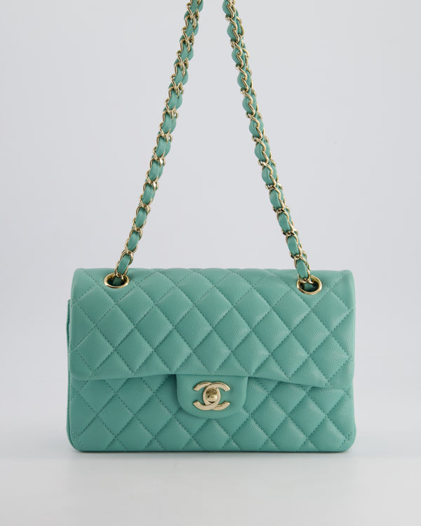 *HOT* Chanel Tiffany Blue Small Classic Double Flap Bag in Caviar Leather with Champagne Gold Hardware