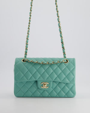 *HOT* Chanel Tiffany Blue Small Classic Double Flap Bag in Caviar Leather with Champagne Gold Hardware