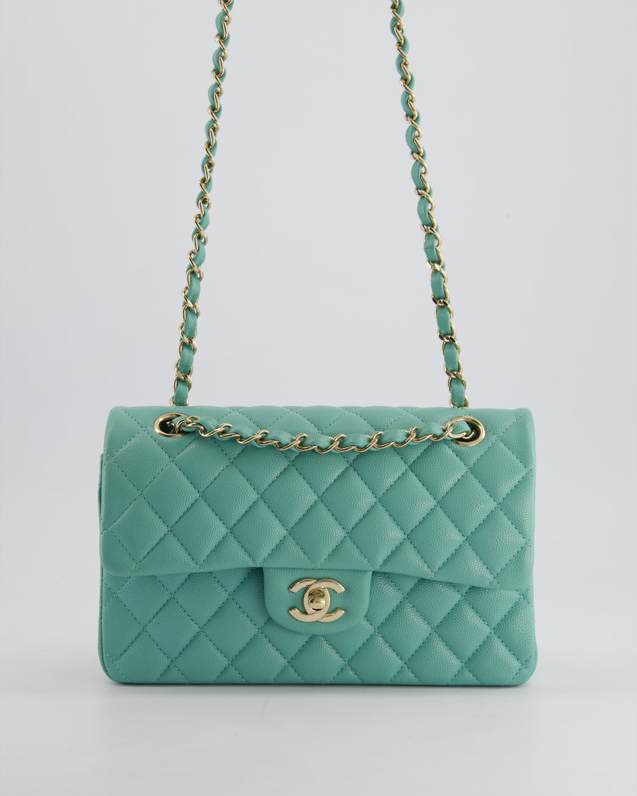 *HOT* Chanel Tiffany Blue Small Classic Double Flap Bag in Caviar Leather with Champagne Gold Hardware