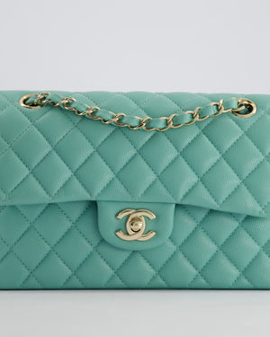 *HOT* Chanel Tiffany Blue Small Classic Double Flap Bag in Caviar Leather with Champagne Gold Hardware