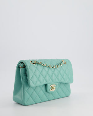 *HOT* Chanel Tiffany Blue Small Classic Double Flap Bag in Caviar Leather with Champagne Gold Hardware