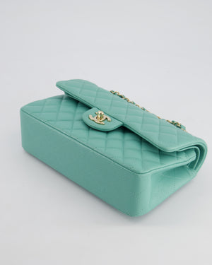 *HOT* Chanel Tiffany Blue Small Classic Double Flap Bag in Caviar Leather with Champagne Gold Hardware