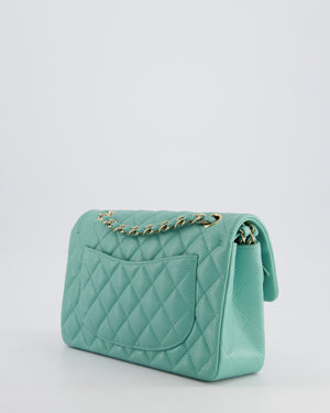 *HOT* Chanel Tiffany Blue Small Classic Double Flap Bag in Caviar Leather with Champagne Gold Hardware