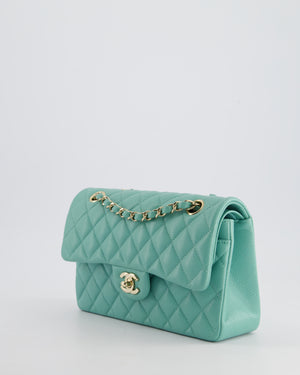 *HOT* Chanel Tiffany Blue Small Classic Double Flap Bag in Caviar Leather with Champagne Gold Hardware