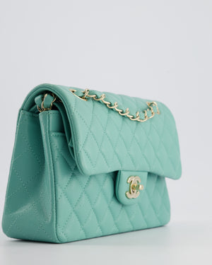 *HOT* Chanel Tiffany Blue Small Classic Double Flap Bag in Caviar Leather with Champagne Gold Hardware