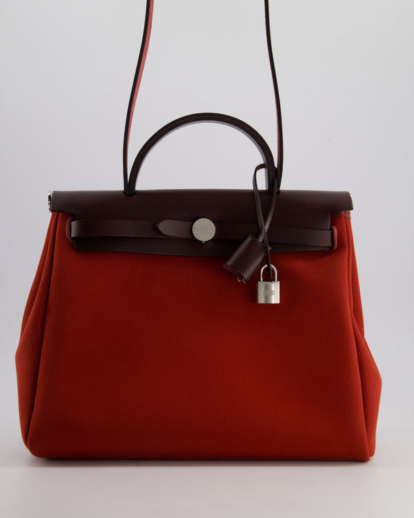 Hermès Herbag Zip Retourne Verso 31 Bag in Cuivre and Mécano Toile Officier Canvas, Rouge Sellier Vache Hunter Leather with Palladium Hardware